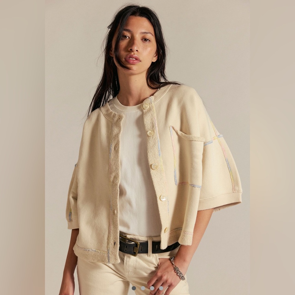 Free People Beige Cardigan with Blue Accents